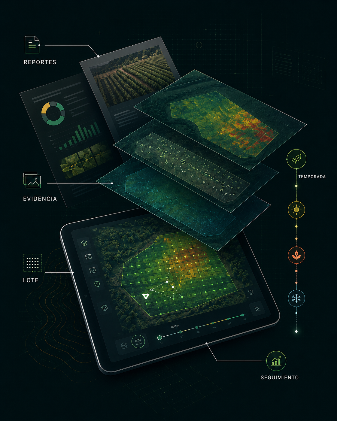 Tablet con reportes, capas geoespaciales y timeline de temporada